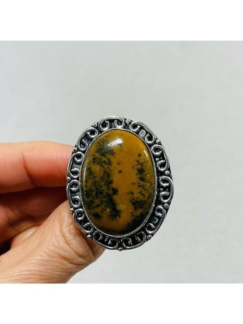 Dendritic Opal Silver Ring Size 7 Statement Big Round Brown Retro Boho Hippie